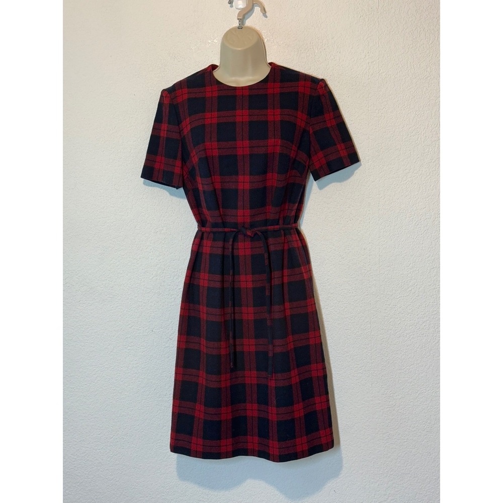 Vintage Pendleton Wool Plaid Shift Dress Red Navy Blue Short Sleeve Belted 10